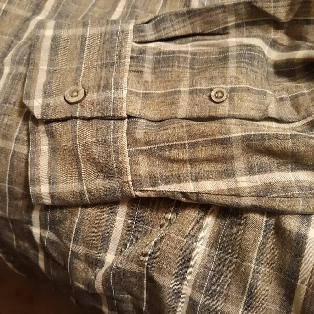 Wrangler Outdoors Mens Shirt XL Plaid Button Up Roll Tab Sleeve Grays Tans - Picture 6 of 11